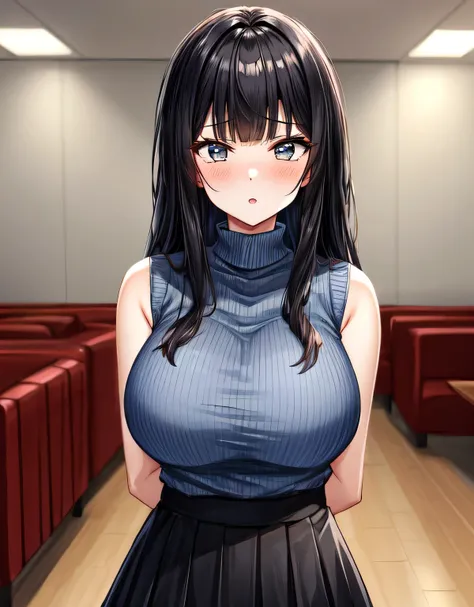 (blue ribbed sweater),sleeveless,black skirt,(blunt bangs:1.2),black hair,long hair,lips,blush,indoor room,(large breasts:1.55),(shiny hair),((solo)),((masterpiece)),((best quality)),perfect anatomy,slim waist,perfect image,8k UHD,(beautiful detailed eyes:...