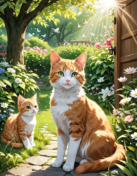 In the garden on a warm afternoon、Two kittens playing happily。The mother cat looks on with a smile.。tree々Sunlight hitting々Between plug-ins、The entire garden is enveloped in a tranquil atmosphere..。I can hear the birds chirping、The wind gently rustles the g...