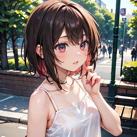 A young woman wearing a white camisole and a pink flared mini skirt, startled and turning around suddenly in a park. Her expression shows surprise and a hint of embarrassment, with her long hair flowing as she spins. The background features a sunny park sc...