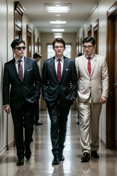 A blind boy, 23 year old man wearing a suit and tie walking with two men beside him wearing formal clothes, the blind boy wears red colored glasses! he holds his white cane and walks through the halls of his mansion.