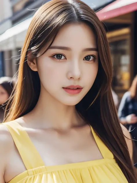 Walk the streets of the city, One lady、 Bandeau Dress, Wearing long gorgeous clothes, wearing a transparent thin long yellow flower dress, shopping, In the city, highly detailed beautiful girl, Highly detailed face, Highly detailed eyes, highly detailed sk...