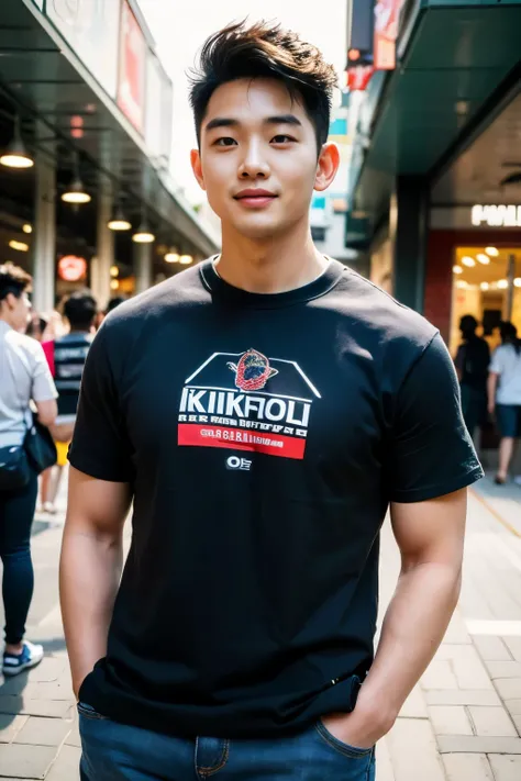 ((realistic daylight)) , Young Korean man in only a black sports shirt, no stripes, and jeans., A handsome, muscular young Asian man looks at the camera.  , In the KFC store ,turn sideways, smile