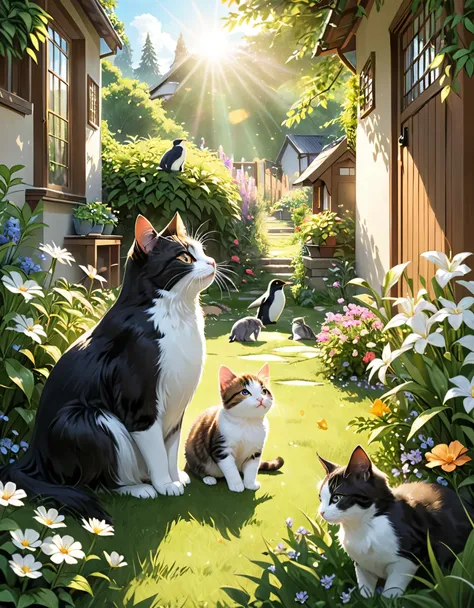 Penguins playing in the garden,In the garden on a warm afternoon、Two kittens playing happily。The mother cat looks on with a smile.。tree々Sunlight hitting々Between plug-ins、The entire garden is enveloped in a tranquil atmosphere..。I can hear the birds chirpin...