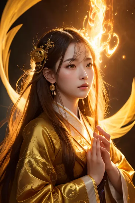 A woman wrapped in the aura of the guardian spirits of her ancestors, graceful spiritual energy, detailed face and expressions, delicate features, long flowing hair, traditional Japanese clothes, detailed ornate design, strong shining golden aura, drama go...