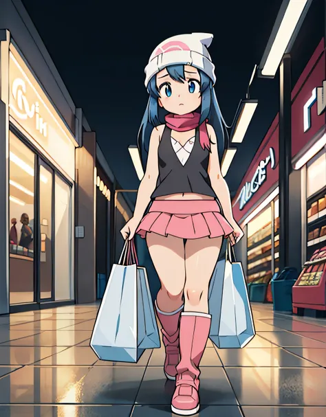 (best quality, highres, realistic), a tired girl, walking in a dark parking lot of a shopping mall, carrying shopping bags, detailed face, detailed eyes, (pokemon), beanie, long hair, blue hair, blue eyes, black sleeveless shirt, pink scarf, pink skirt, pi...