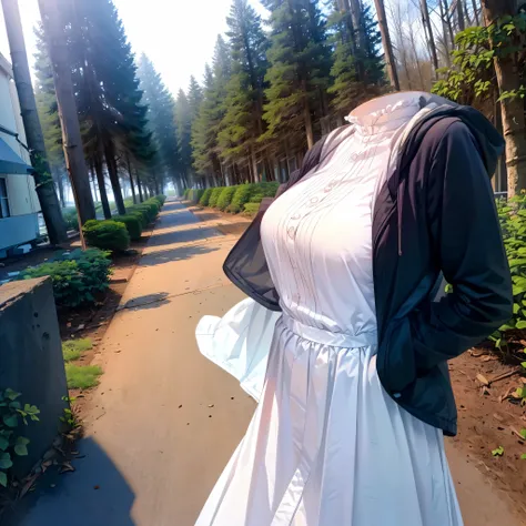 1girl, (invisible:1.5, no humans:1.5, headless:1.5, faceless:1.5), aafern, large breasts, long dress, white dress, black robe, long sleeves, (close-up shot of breasts), (8k, RAW photo, best quality, masterpiece:1.2), (realistic, photo-realistic:1.37), phot...