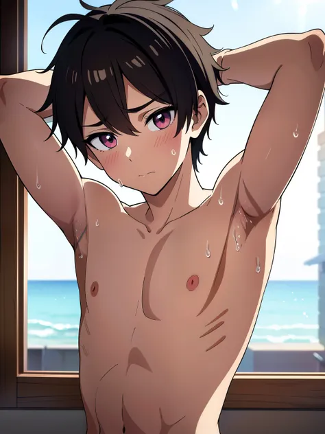 Highres, Masterpiece, Best quality at best,Best Quality,hight quality, hight detailed, 1boy, Shota, messy hair, sweat, upper body, Depth of field, Anime Screencap Style, Young zoom in to the armpit, Focus on the armpit, shine closer to the armpit, Cute arm...