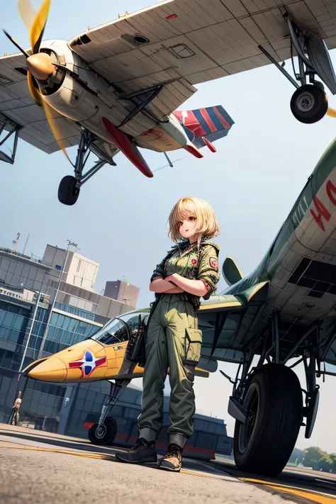 (masterpiece), best quality, expressive eyes, perfect face,((best quality)), ((masterpiece)), (detailed), perfect face, airforce jumpsuit, standing, full body, front view, European, blonde, dark green uniform, jetfighter plane background,amazing sapraizz, ...