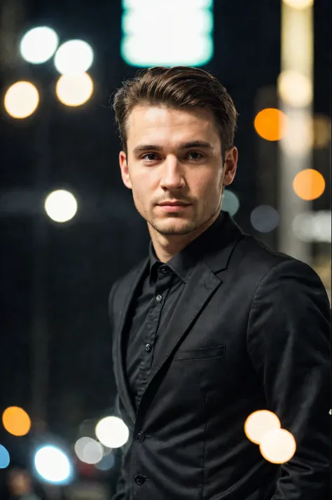 closeup face photo of caucasian man in black clothes, night city street, bokeh