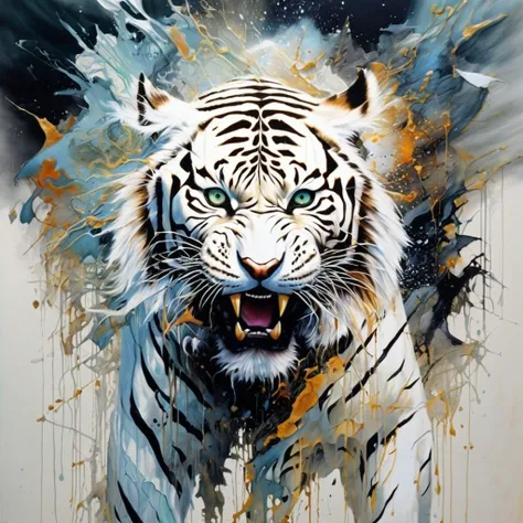 an abstract oil painting of a white tiger, threatening, aggressive expression, shrouded in shadows, white background, radiating electrical energy, hyperdetailed painting, luminism, art by Carne Griffiths and Wadim Kashin concept art, 8k resolution, fractal...