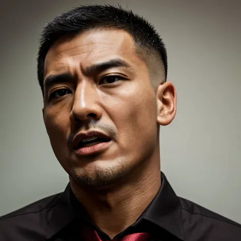 50 years old, male,、Black Shirt、Red Tie、　Menacing look、logic, Gay,Buzz cut　Thinning hair　,Asian Face,、　Stubble、　Upper body close-up、View from below　Open your mouth wide and shout