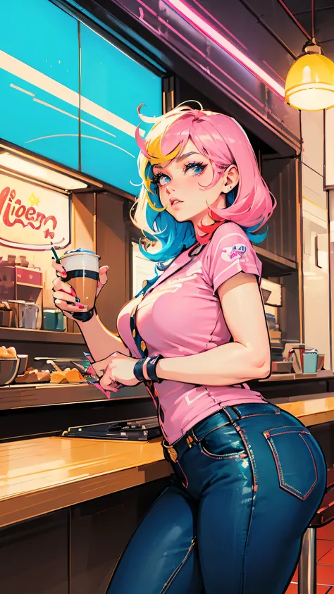 Sketch drawing, anime, american pin-up women, vibrant colorful sketch, exaggerated anime style, American diners coffee shop, retro neon lights, curvy lines, sensual pose, minimalists background, bold markers or colored pencils art style, sharp chins, dynam...