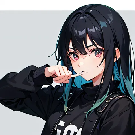 a 20 year old girl, looking at the observer, biting your own finger, black hair with blue and green highlights, red eyes