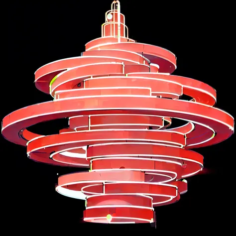 Close-up of red lamp on black background, Weiner Panton, Inspired by Vladimir Tatlin, light from below,with red lighting, gyroscope, pagoda, spiral, stylized neon lights, spiralling, Qingdao， artificial neon lights, digital painting of a pagoda, A huge red...