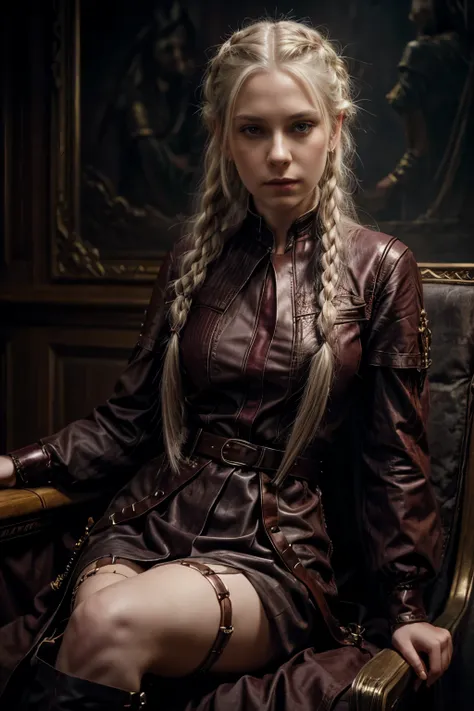 refined, tired woman with long white hair in one braid, small pointed ears, pale skin, dark burgundy outfit, lots of belts and fasteners,, fantasy art, character art close up, detailed character art, full length, sits on the throne with one leg crossed ove...