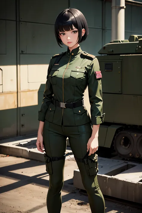 girl, black short haircut, solder military green suit, engineer