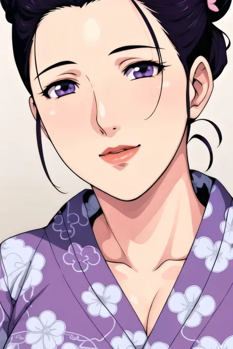Simple Background,White Background,
purple kimono,floral print,japanese clothes,wide sleeves,long sleeves,
cleavage,
purple eyes, black hair,bangs,hair bun,
1 girl,Young female,Beautiful long legs,Beautiful body,
Beautiful Nose,Beautiful character design,...