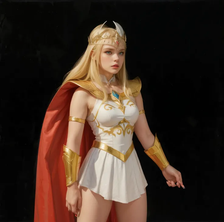 raw photo of a 1girl, (solo:1.3), 1girl, solo, She-ra, long hair, blonde hair, blue eyes, tiara, white dress, choker, red cape, makeup, lipstick, 