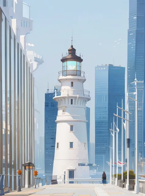 there is a lighthouse on the pier with a lot of flags, [lighthouse, lighthouse, from a distance, there are tall glass skyscraper...