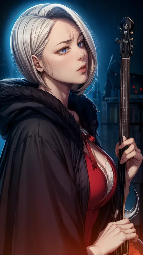 devil may cry (Series), Long black cloak, ((A red moon floats in pitch darkness)),(Flying in the air),white  hair、Longsword in right hand、gun on waist、(red pupils)、well-muscled、1 bat、Medium Hair、extremely detailed CG unified 8k wallpaper, very precise deta...