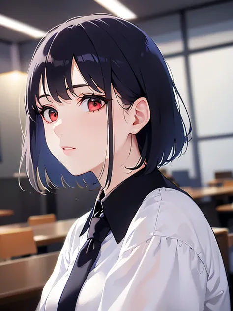 (looking away:1.5),side angle,Upper Body,
(pale skin:1.2), shiny skin, shiny hair、(A 40-year-old woman:1.5) and (bob cut) and (hair between eyes) and (black hair) and (red eyes), 
(white collared shirt) ,
confused,The background is the conference room、（alo...