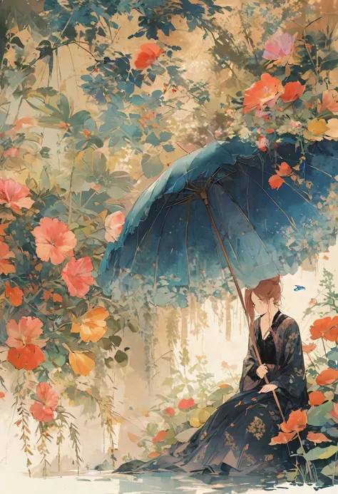 (Painting:1.5), (National Science Foundation:1.2), A woman in gothic clothing holding a parasol、1 girl,At the flower garden、Lycianthes ,Available in light pink and light blue styles..., Dreamy and romantic composition..., Collage-based styles, William Wegm...