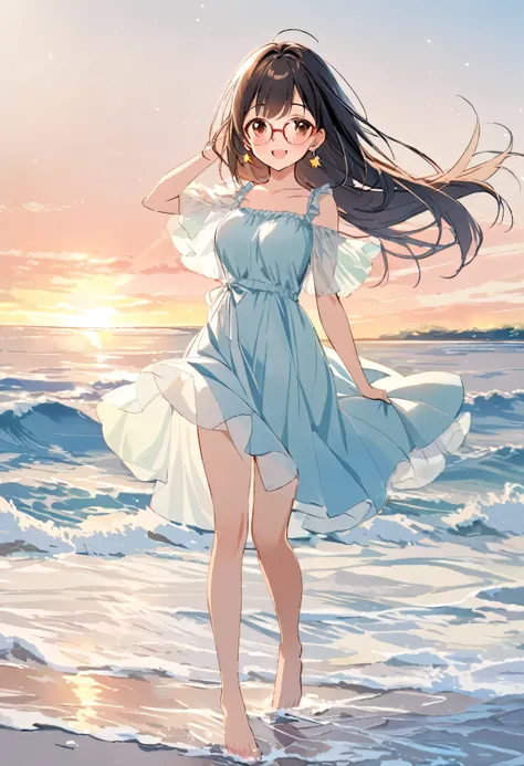 1girl, , brown eyes are shining and cute, black hair, long hair, extremely detailed neat hair,Straight hair, tareme, ((red-rimless eyewear:1.2)), star earrings, medium breasts, smile, blushful,

A barefoot girl  is walking along a white sandy beach. The wi...