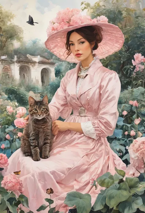 (Painting:1.5), (National Science Foundation:1.2), Gothic dressed lady and cat、Girl and kitten、At the flower garden、Lycianthes ,Available in light pink and light blue styles..., Dreamy and romantic composition..., Collage-based styles, William Wegman, colo...