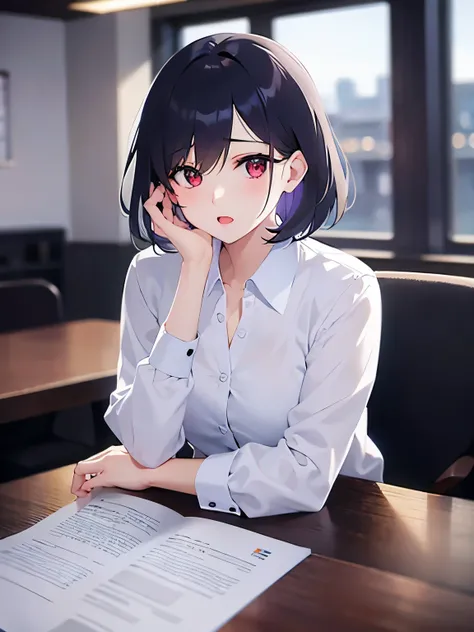 Upper Body,hand on own face,
(pale skin:1.2), shiny skin, shiny hair、(30-year-old woman:1.5) and (bob cut) and (hair between eyes) and (black hair) and (red eyes), 
(white collared shirt) and(skirt),
sad,open mouth,
,The background is the conference room、（...