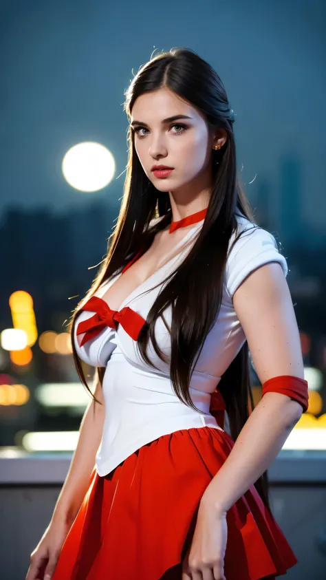 A beautiful woman named Kenzie Love ((wearing white sailor blouse with red square collars)), ((purple ribbon on chest)), ((with gold circlet on forehead)), ((wearing a red pleated skirt)), ((wearing long white forearm sleeves)), with long wavy black hair, ...