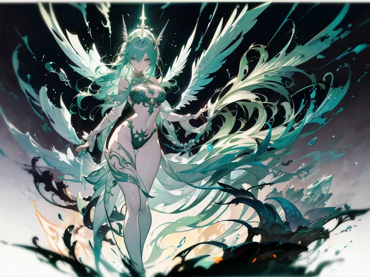 A stunning pair of angel and demon images，Body proportions，Heroic pose，Green fantasy style，Wind Vision，Breeze around，Holy Cross，High heel，Steel wings，Ink painting style，feather，Extremely detailed facial features，Perfect body proportions，Glowing eyes，Sexy，T...