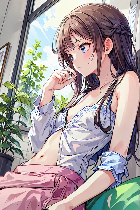 (8k、RAW Photos、Best Quality、masterpiece:1.2)、Illustration touch、Super detailed、Super A high resolution、Upper body close-up，Brown Hair，Shortcuts，Messy Hair，Short braided hair，Neat，Slender beauty，A dignified posture，Small chest，Beautiful feet，Her captivating...