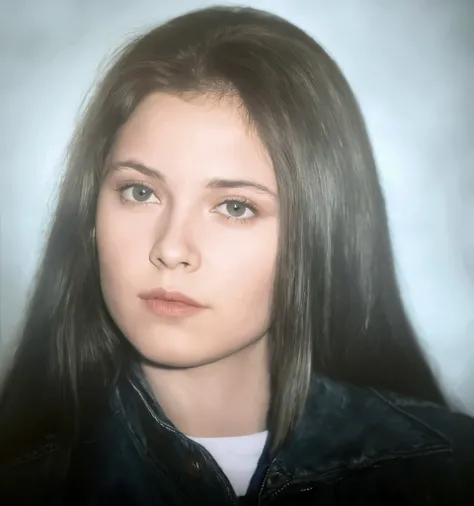 there is a woman with long hair and a jacket on, a colorized photo, digital art but photo, retouched in photoshop, around 1 , taken in the mid 2000s, color portrait, photo of the girl, 90s color photo, edited in photoshop, post processed denoised, portrait...