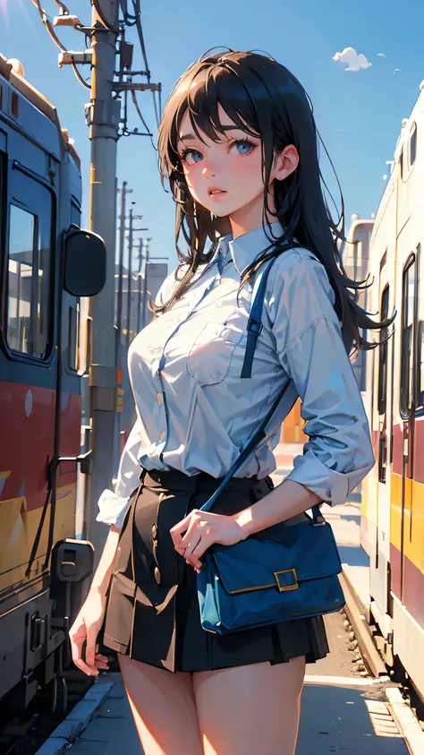 Sketch drawing, anime,realistic American women, cute, sexy, waiting for train, anime-inspired sketch drawing, vibrant colors,  blue sky with puffy white clouds, bustling American railway station, nostalgic atmosphere, dynamic poses, high contrast lighting,...