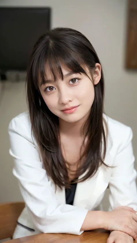 Professional headshot of a Japanese female news anchor in her twenties. Slightly asymmetrical, oval face, bright almond-shaped eyes, small nose, dazzling smile and full lips, shiny black shoulder-length hair, wearing white blazer, sitting at news desk faci...