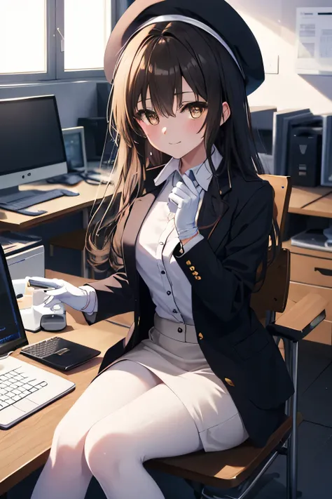 kotegawayui, Yui Kotegawa, black hair, (brown eyes:1.5), smile,blush,collect,long hair, OL, Gafas Black Abyss, Black Beret, white gloves, end, Black suit jacket, jacket with collar, White Dress Shirt, una Espada en la office, black pantyhose, Shirt with co...