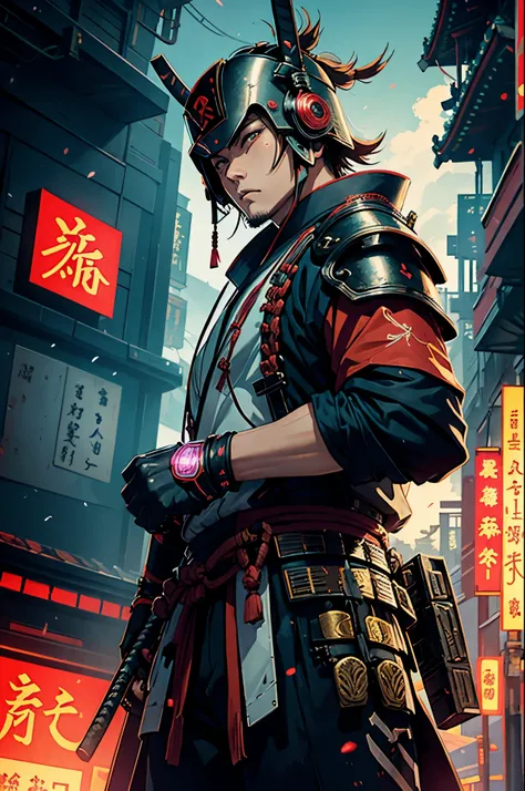 A samurai wearing a cyberpunk Sengoku period mechanized helmet and armor against a cyberpunk neon-filled temple background