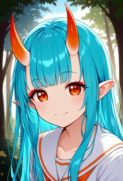 nai3, close up, masterpiece, best quality, bokeh, cute, lum, 1girl,solo,long hair, bangs, blue hair, (orange eyes:1.5), horns, pointy ears, aqua hair, oni horns, eyeshadow,in forest,serafuku,smile,blue sky,cloud, leaning forward