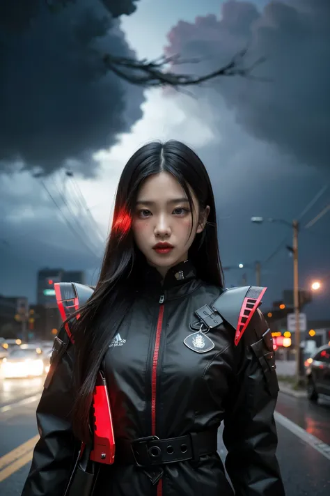 1 japanese girl, WARFRAME, intricate pattern, heavy metal, energy lines, faceless, glowing eyes, elegant, intense, blood red and black uniform, solo, modern, city, streets, dark clouds, thunderstorm, heavy rain,, dramatic lighting,, (masterpiece:1.2), best...