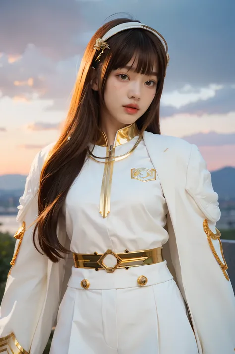 ((masterpiece, best quality, Extremely detailed), Volumetric Lighting, Ambient Occlusion, rich and colorful, Luminescence), 1 Girl, Solitary, Young Girls, (Chestnut bangs), Long hair, Halo, Halo, sacred, goddess, Priesthood, (White suit with gold details:1...