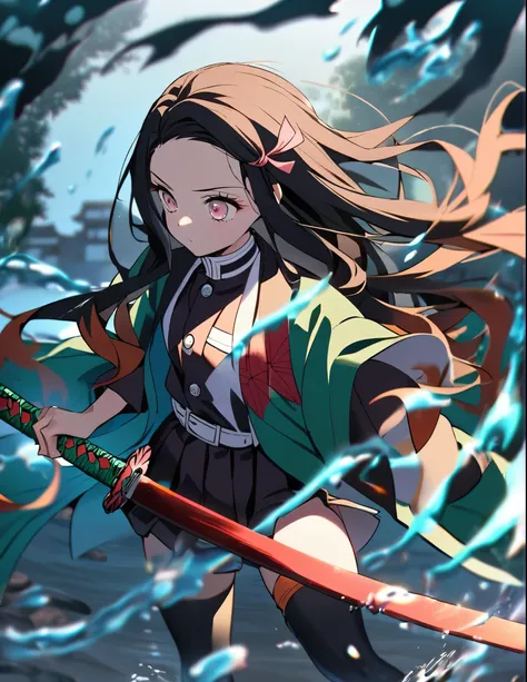 1girl, Alone, Nezuko Kamado, Kimetsu no yaiba, human, demon slayer uniform, blue haori, black stockings, katana, water magic 