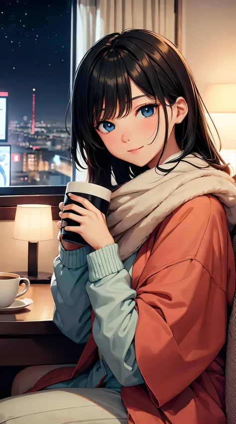 Young woman watching a movie alone at home。A mug of hot drink in hand。Blanket on shoulders。A happy atmosphere。Eyes are watching a movie。Time: Night。