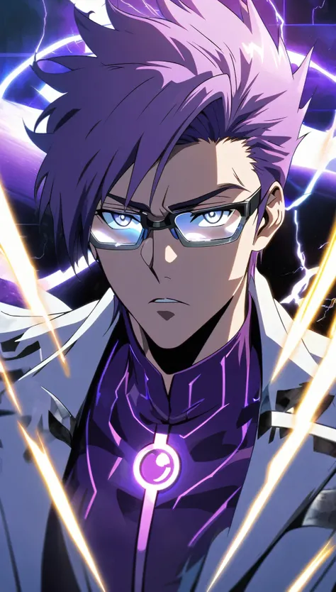 Male,violet hair,handsome,Purple outfit,silver eyes,Silver coin,Lighning effect,White jacket,Game world background,anime style,Bleach style,Silver Glasses,glossy,glow