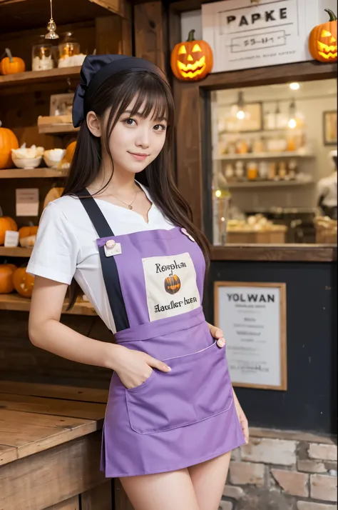 Working at a Halloween cafe、A 20-year-old girl wearing an apron and a miniskirt