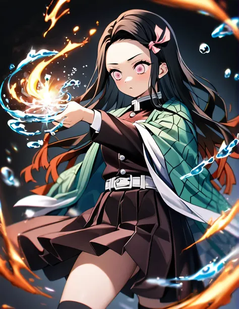 1girl, Alone, Nezuko Kamado, Kimetsu no yaiba, human, demon slayer uniform, blue haori, black stockings, katana, water magic 