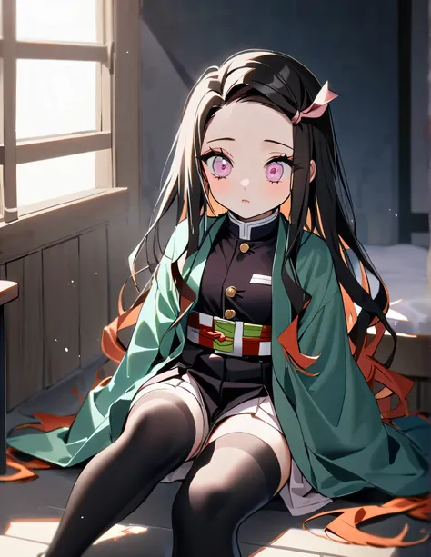 1girl, Alone, Nezuko Kamado, Kimetsu no yaiba, human, demon slayer uniform, blue haori, black stockings, связанна, bandage, сексуальная поза, висит в воздухе