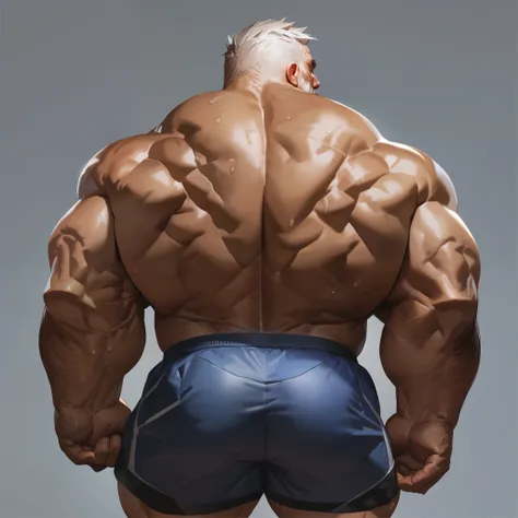 by_lindong, solo, 1boy, Muscular old man, wide shoulder, (wide back, massive back muscle, back view), thick arms, standing, simple background, short white hair, detailed, back view, shorts, sweat, shirtless, masterpiece, (hyper realistic:1.2, realistic, su...