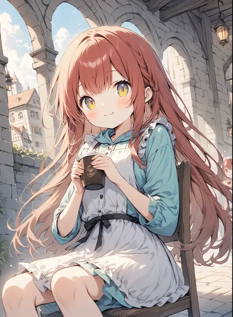 The pale lines and soft colors create a dreamy, ephemeral impression..,Red Hair、Semi-long、Model pose、Staring at me with strange eyes、Light effects、Cafe、Sit on a chair、Medieval Town Girl、brown, Plain, Modest clothing、White apron worn around the waist、Drinki...