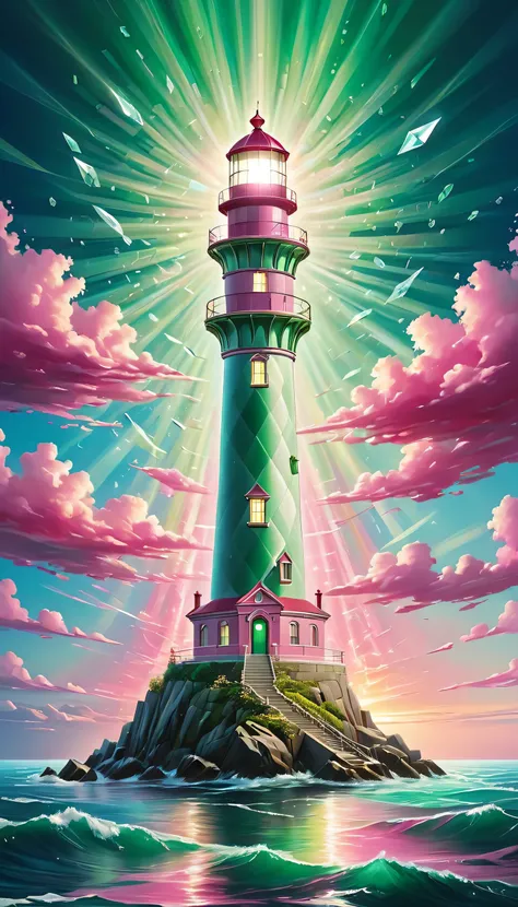 "((Suspended diamond lighthouse:1.5)), A towering lighthouse made entirely of shimmering diamonds, suspended mid-air over a vast ocean. The lighthouse beams out light in vibrant pinks and greens, refracting off the surface of the water below. Waves of spar...