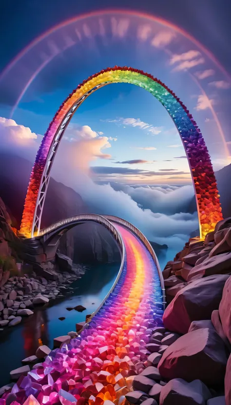 "((Crystalline rainbow bridge:1.5)), A colossal bridge made entirely of glowing, multicolored crystals. It stretches across a sky filled with drifting clouds, each crystal refracting light into a kaleidoscope of hues—red, blue, and violet. Waterfalls of sh...